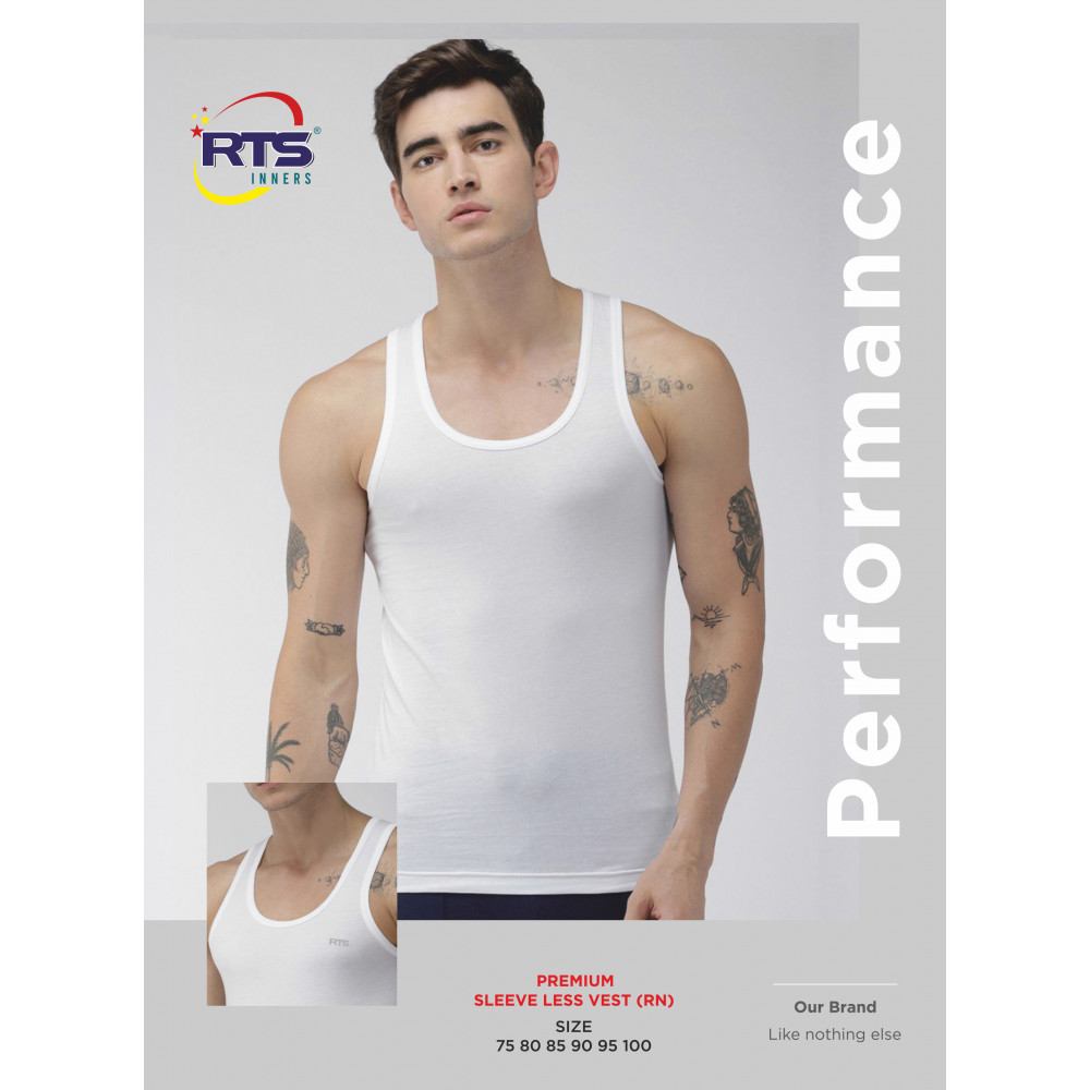 RTS Premium Sleeve Less Vest (RN)-White Color - (Minimum Order 5 Pcs Pack)
